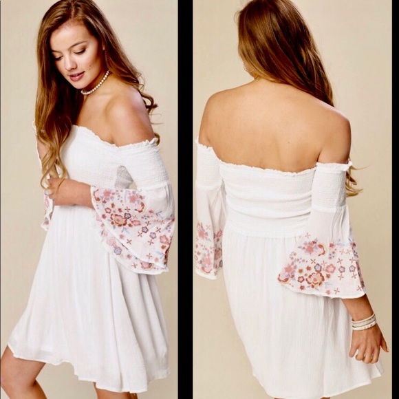 @SOULCRUSHER716 Dresses & Skirts - FLORAL EMBROIDERED OFF SHOULDER BELL SLEEVE DRESS